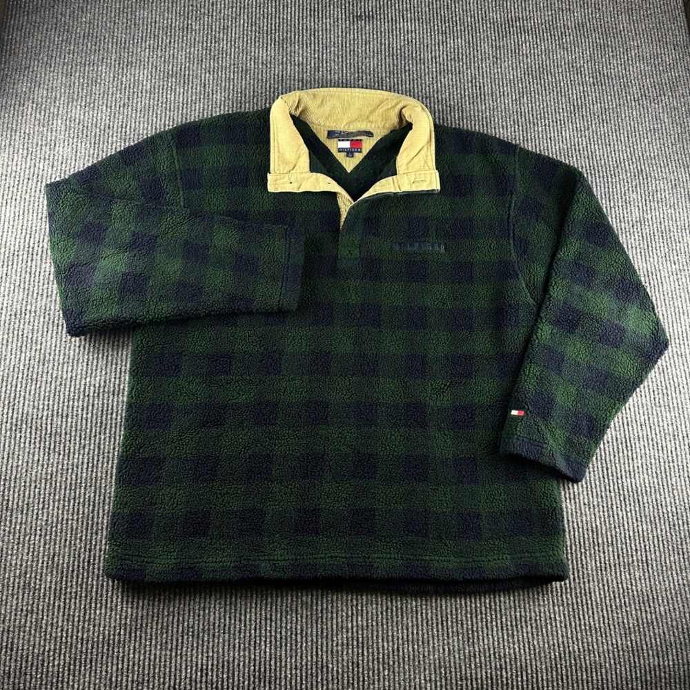 VTG Tommy Hilfiger Mens Green Plaid Fleece Pullover Corduroy Collar Large 3035
